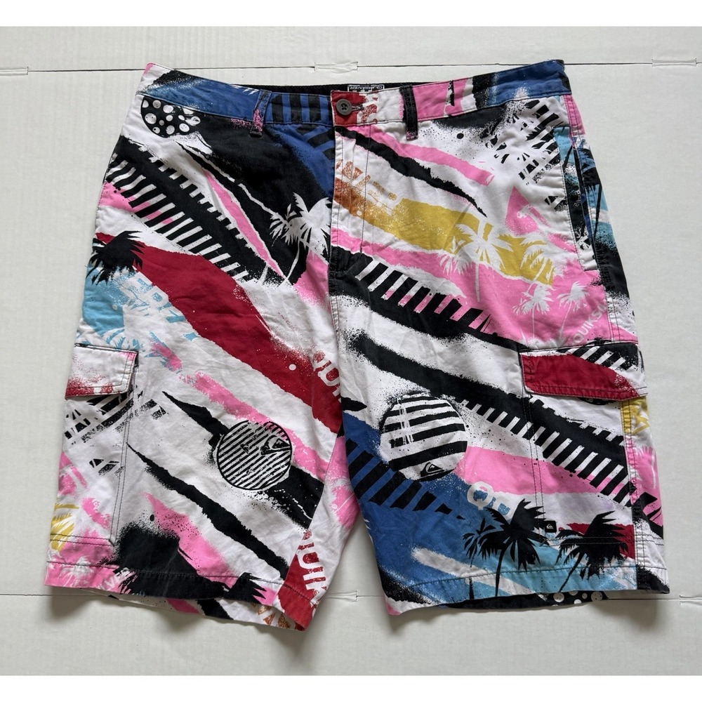 Vintage Y2K Quicksilver Men's Cargo Shorts Neon Skate Surf Palm Trees Size 38